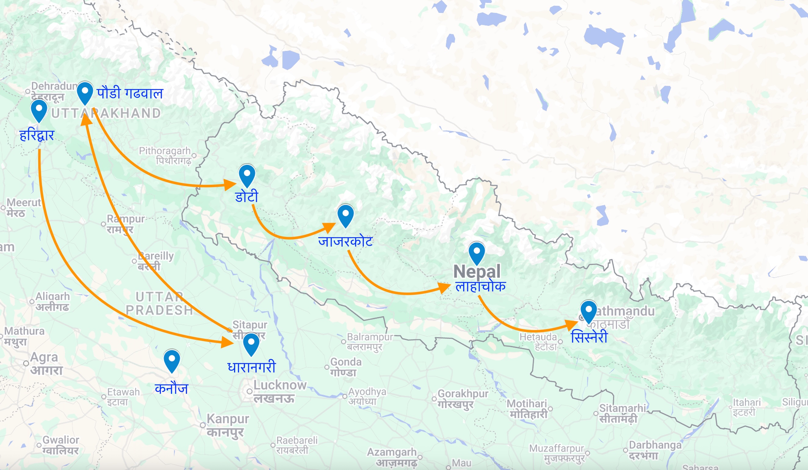 पौडेल वंशको बसाइँसराइ नक्सा (नेपाली)